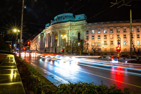 night lights of Sofia city centre architecture, famous buildings, Bulgariaのeditorial素材