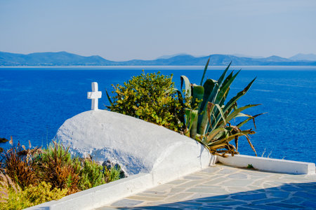 white small orthodox chapel dedicated to St Nikolaos.Rafina,Greeceの写真素材