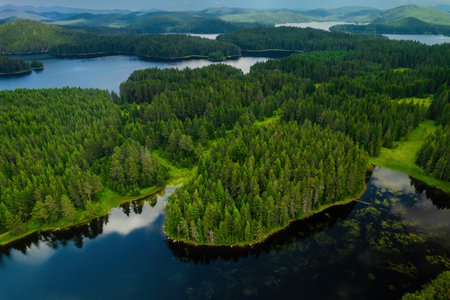 Shiroka polyana beautiful nature of lakes aerial view, clouds reflectionsの写真素材