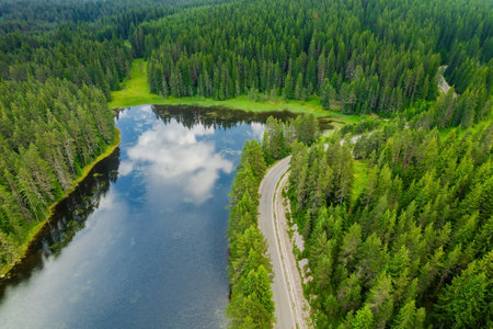 Shiroka polyana beautiful nature of lakes aerial view, clouds reflectionsの写真素材