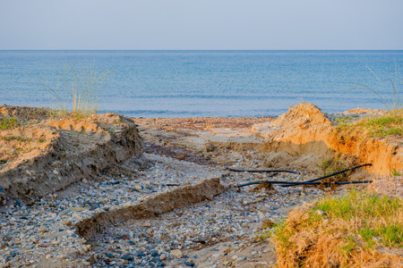 Beautiful view of sea with blue waves and rocksの写真素材