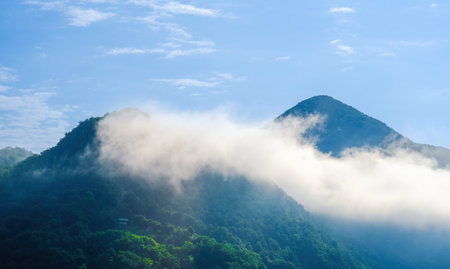 top of mountain hills in clouds, foggy, nature, landscapeの写真素材