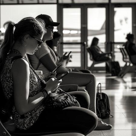 Young woman waiting flight on airport, travel time