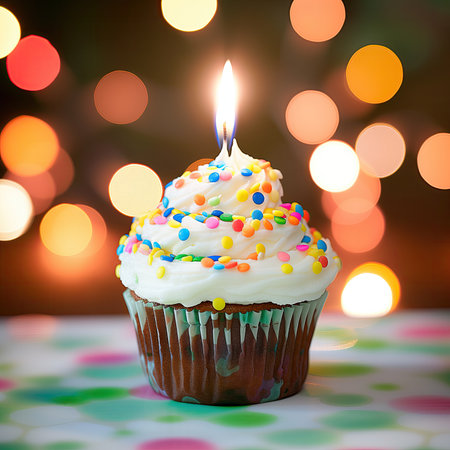 Birthday cupcake with candles, family celebrationsの写真素材