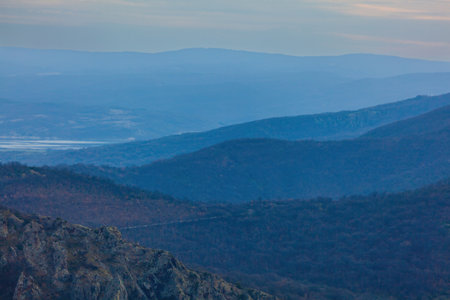 Beautiful landscape view of peaks of Rhodope mountains in Bulgariaの写真素材