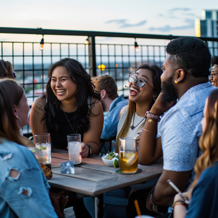 Friends celebrating party on rooftop bar, lifestyleの素材