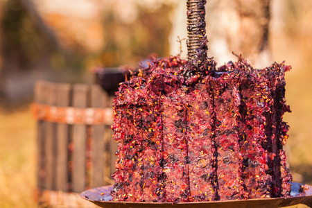 smashed grape after press machine. Homemade ecological wine production on the farm. the whole...