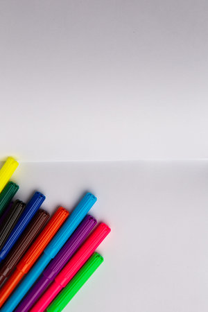 bunch of multi-colored felt pens on white blank sheet of paper, top view, vertical