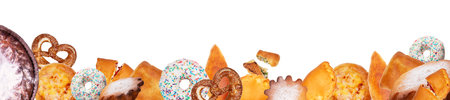 Bread and bakery products isolated on white background. Panoramic collage. Wide photo with free...