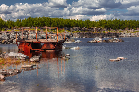 summer landscape of artificial lake in abandoned former marble stone mine, Karelia, Russiaの写真素材