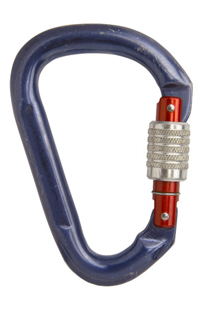 Old blue climbing carabiner isolated on white backgroundの写真素材