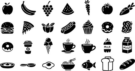A comprehensive collection of diverse food and drink items presented as minimalist black silhouette icons.のイラスト素材