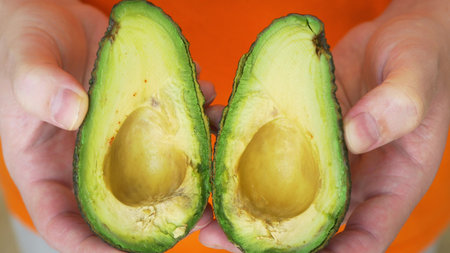 Close-up of an avocado in hands cut in half and the seed extracted, opening the avocado for further...