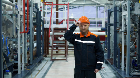 A plant worker straightens an orange work helmet, a process equipment operator stands in a gas...