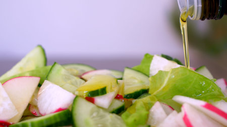 Vegetable Fresh Salad Food Healthy Meal Mediterranean Kitchen Vegetarian Diet Olive Oil. Closeup...
