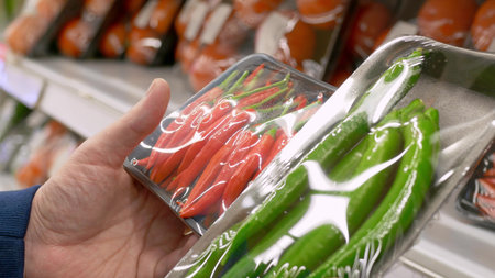 Buying food in a store or market, a man chooses a hot pepper for cooking a dish, holds a plastic...
