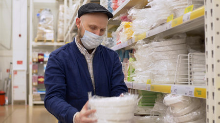 Shopping in a store during a pandemic, a man near the store shelves with a disposable pas in a mask...