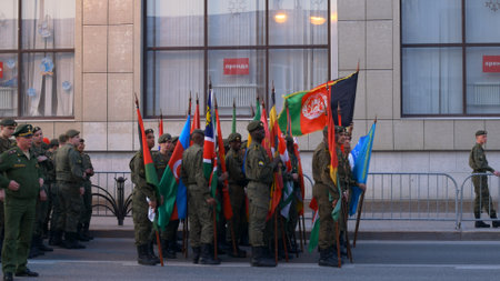 Soldiers of various countries are in the ranks with the flags of their states. Mercenaries in the army of the Russian Federation came to participate in a special operation. Tyumen - Russia - 2022.のeditorial素材