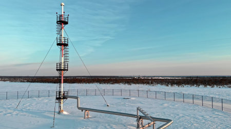 A drone flies around a pipe to relieve emergency gas pressure on the pipeline of an oil and gas refinery in Russia in winter. Fuel crisis, rising prices for gas and gasoline in Europe and the USA.の写真素材