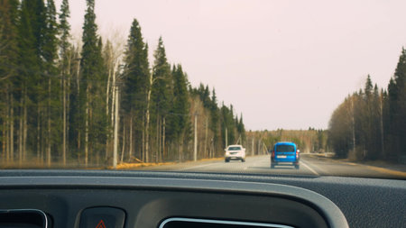 First-person view from the passenger compartment of the car on the road in the direction of travel....