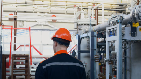 A view from the back of a worker in an orange helmet and overalls walks around his equipment at a...