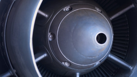 Close-up of the inlet nozzle of a jet engine. The turbojet engine of a helicopter from the USSR is reliable and not expensive. The aircraft engine is used in various modifications of machines.の写真素材