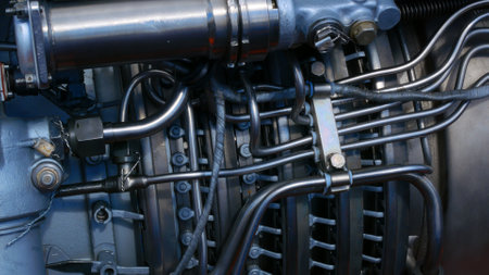 New generation high-tech engine made of titanium and heat-resistant metal. Military engine for helicopters and airplanes. modern industrial equipment. Panorama of gas turbine at thermal power plant.の写真素材