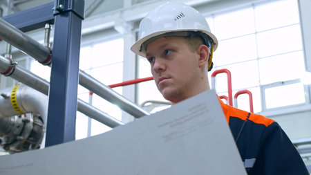 A young engineer reads the technological scheme of the equipment at the plant. Work in heavy...