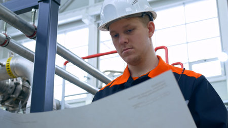 A young engineer reads the technological scheme of the equipment at the plant. Work in heavy...