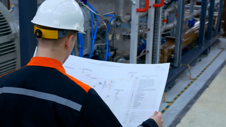 Rear view of an engineer in a white hard hat looking at a blueprint at an industrial facility in an...