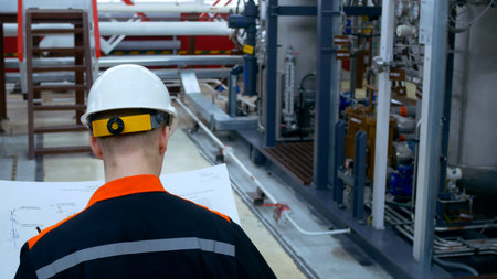 Rear view of an engineer in a white hard hat looking at a blueprint at an industrial facility in an...