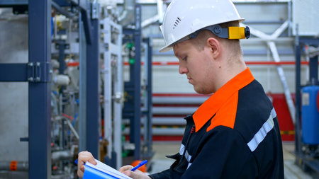 A young engineer is inspecting industrial equipment at a factory. Work in heavy industry with...