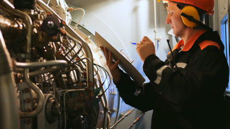 Industrial worker check turbine engine startup in industrial setting. highlights industrial worker precision, ensuring turbine safety and efficiency. Portrayal of industrial worker meticulous careの写真素材