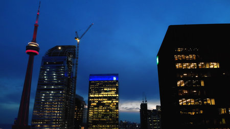Toronto, Canada - May 6, 2023: CN Tower at night Symbol of Toronto. View of night city of Toronto...