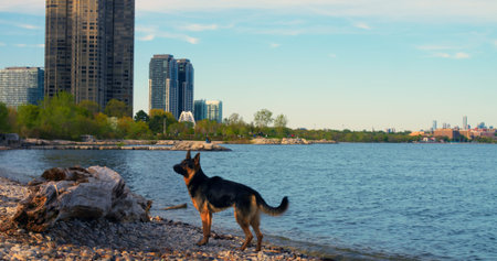Dog at city lakes edge tranquil mood close-up cinematic Dog enjoys serene urban nature peaceful moment. Dogs calm against city backdrop symbolizing human-animal harmony natures charm.の写真素材