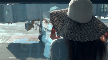 Airport terminal, showcasing boarding gate and aircraft. Emphasizes start of journey, highlighting transition from airport to airplane. Perfect for themes of travel, exploration, and new experiences.の写真素材