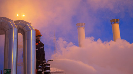 Energy sector professional amidst steam and pipelines, managing critical infrastructure. Importance of safety gear and skilled labor in maintaining industrial operations under challenging conditionsの写真素材