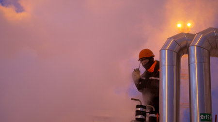 Industrial worker operating in extreme conditions, surrounded by steam and pipes. Human resilience in harsh environments. Focus on safety and efficiency in high-pressure industrial settings.の写真素材