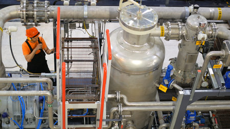 Technician inspects complex gas processing equipment at industrial facility. Focus is on ensuring...