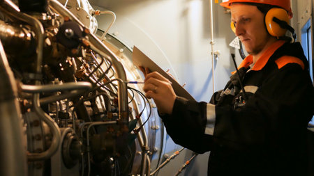 Aviation inspector reviews documentation, maintains records of engine parameters. Ensuring compliance with safety standards and regulations in aviation industry. Concept work in aviation constructionの写真素材