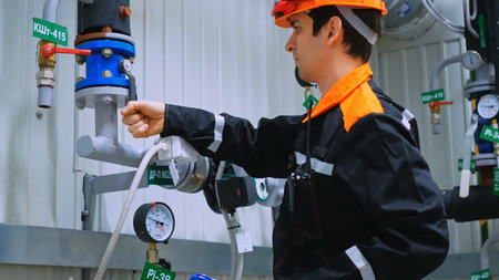 Experienced gas engineer ensuring safety and efficiency in factory by adjusting pressure gauge....