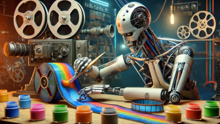 Mechanical artist carefully paints vibrant rainbow colors onto film reel, bringing life to celluloid in a vintage workshop filled with tools and equipment. Concept artificial intelligenceの素材