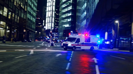 Ambulance weaving through congested urban nighttime streets, emergency lights flashing, rapidly navigating traffic and pedestrians with urgent medical response. concept of emergency care in cityの素材