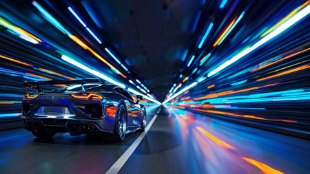 Sleek futuristic sports car speeding through illuminated tunnel, generating vibrant light trails representing technological velocity and dynamic automotive innovation. concept of speed in carの素材