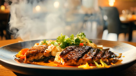 Grilling fresh fish, releasing aromatic steam, garnished with vibrant vegetables and herbs, plated elegantly in busy restaurant environment. Concept of delicious food in restaurant, grilled fishの素材