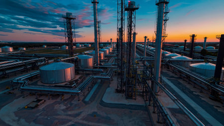 Golden hour illuminates large cylindrical metal tanks storing crude oil in a refinery complex, with dramatic clouds and industrial landscapeの素材