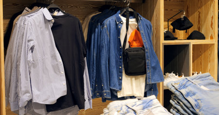Multiple denim shirts, t shirts, jeans, and accessories are neatly arranged on hangers and shelves in a modern clothing store, creating appealing visual display for customers. Concept fashion clothesの写真素材