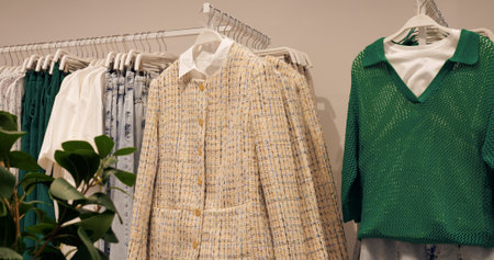 Light yellow tweed jackets and green knitwear are displayed on hangers in a clothing store, offering...