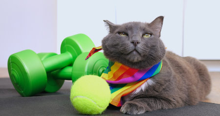 Gray cat wearing rainbow scarf lounging on yoga mat, surrounded by tennis ball and dumbbells, displaying changing facial expressions during filming sequence. Cat and sport conceptの写真素材