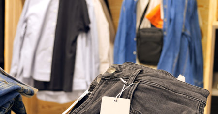 Multiple sets of clothing, including shirts, t shirts, and a small black bag, are hanging on display...